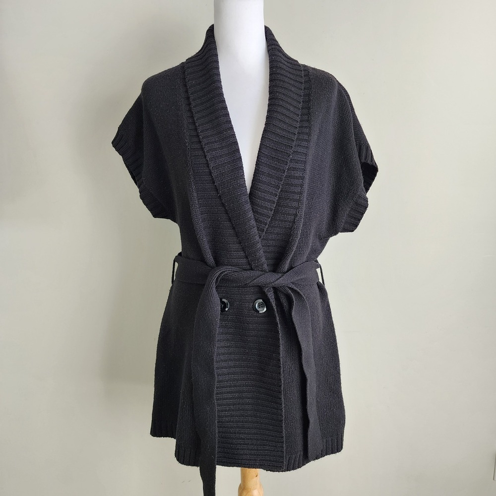 Nicole Miller Wool Blend Cardigan‎ Vest Womens L Black Belted Shawl Collar Knit